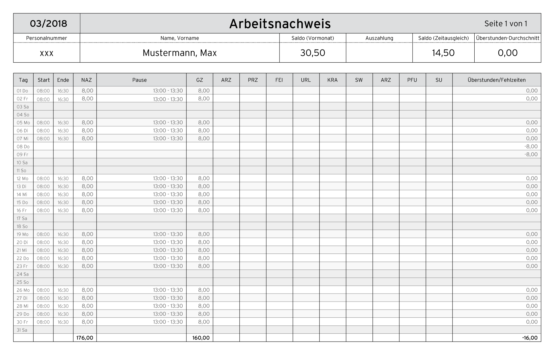 Export Arbeitszeitnachweis